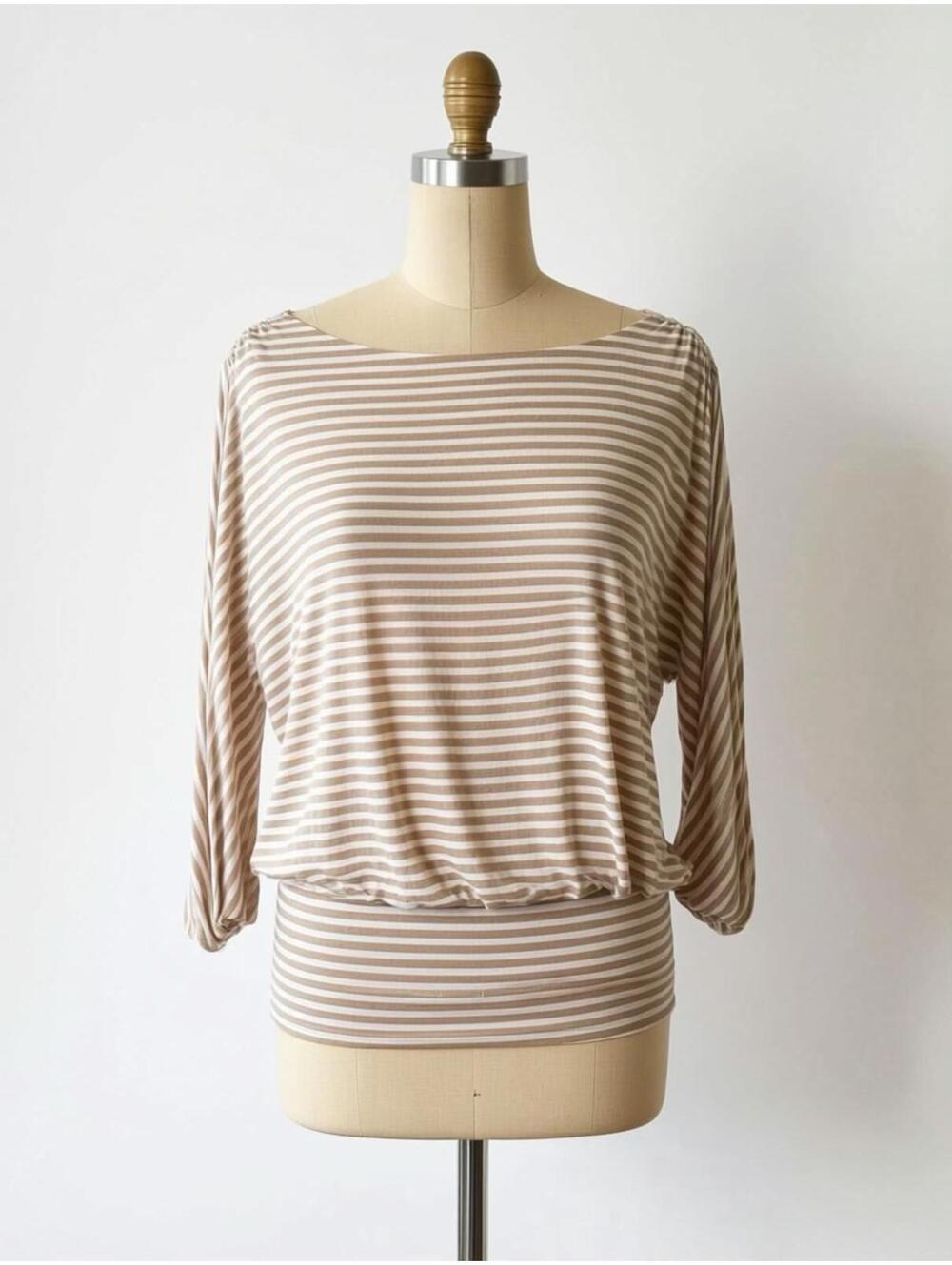 White House Black Market Beige and White Striped Blouse, Medium